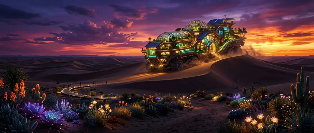 Glowing solarpunk oasis crawler in the desert