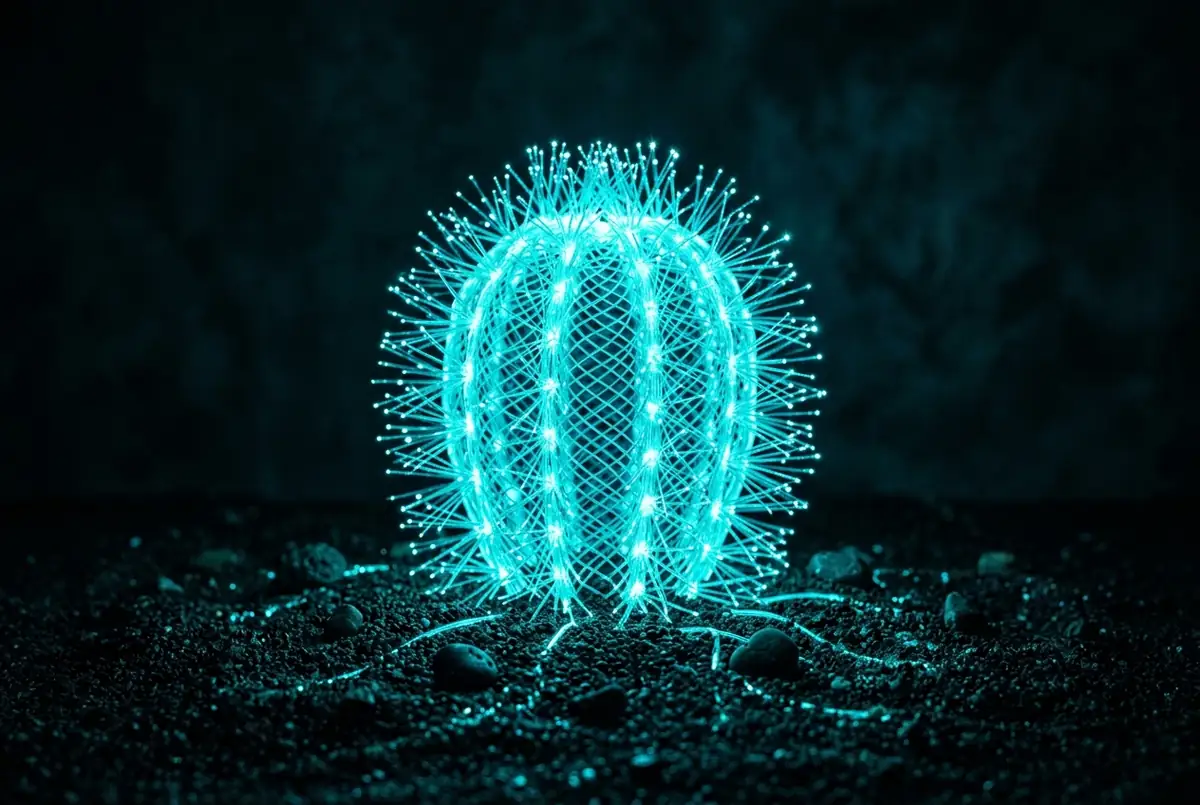 Glowing cyan cybernetic cactus